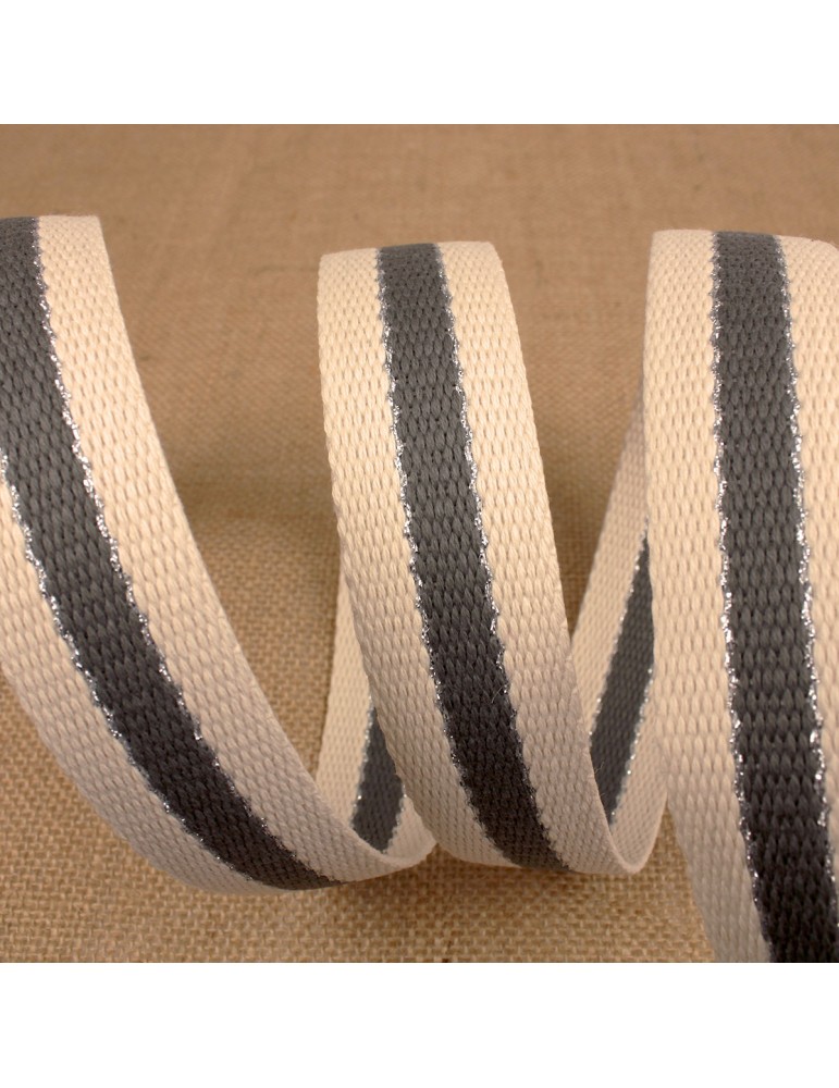 Sangle 3 bandes fil métal 100 % coton gris Sangle 3 bandes fil métal 100 % coton gris