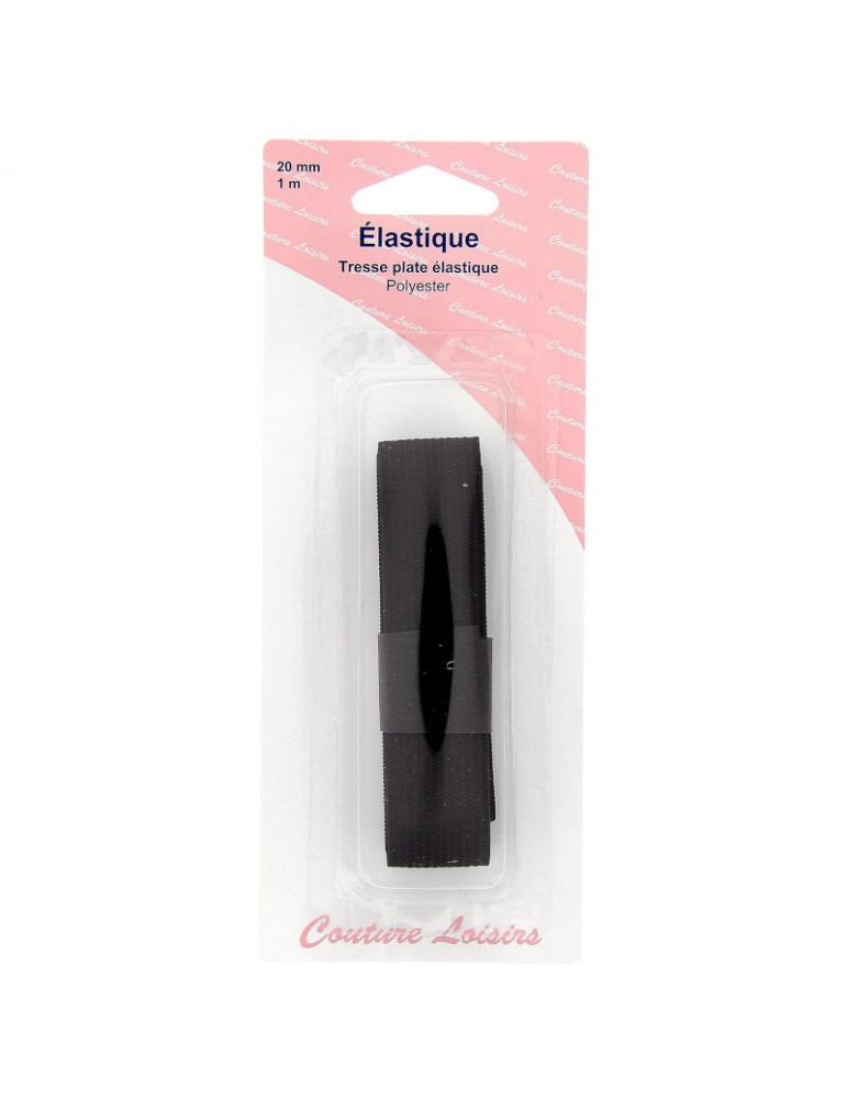 Tresse plate élastique noire 20 mm