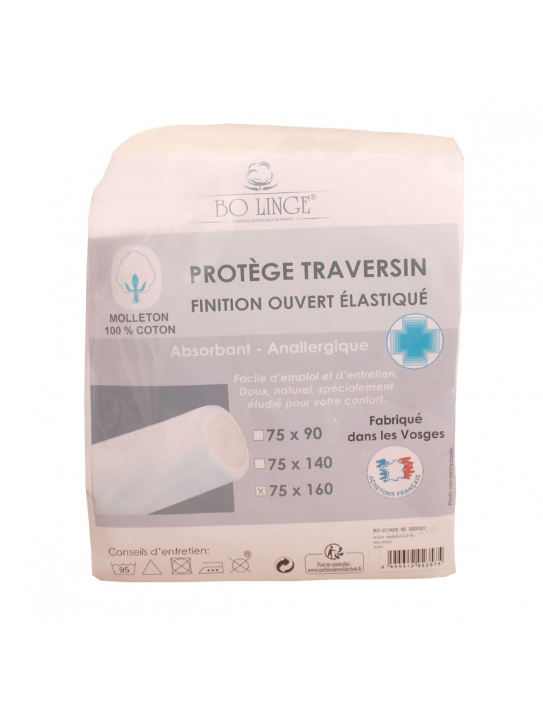 Protège traversin ouvert élastiqué coton 75 x 160 cm blanc