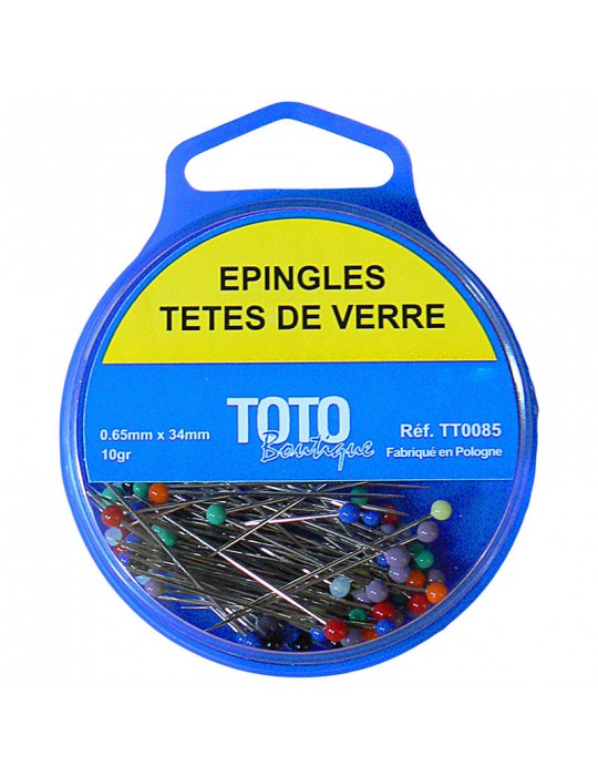 Boîte de 10 grammes d'épingles têtes de verre 34 mm