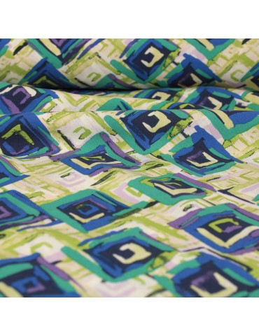 Tissu viscose imprimé carrés vert/bleu 140 cm