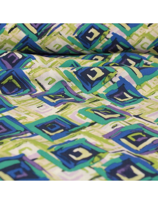 Tissu viscose imprimé carrés vert/bleu 140 cm
