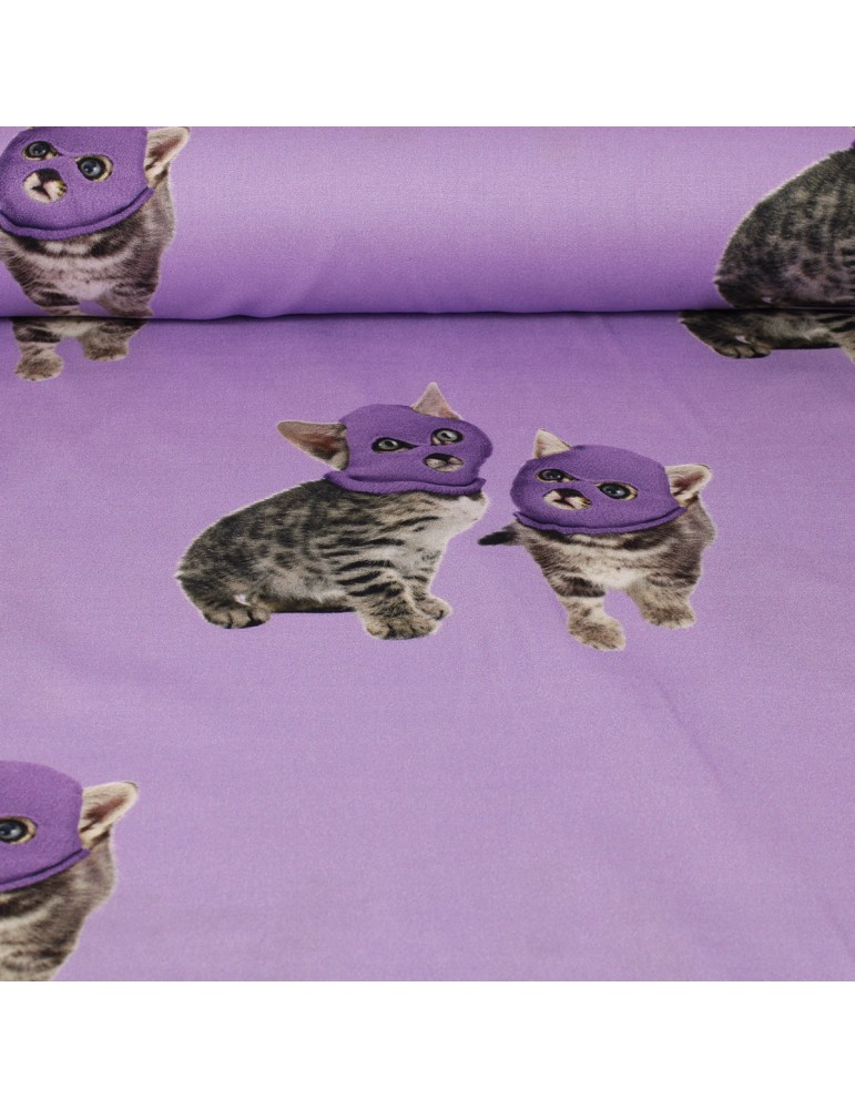 Tissu viscose violet imprimé chats masqués Tissu viscose violet imprimé chats masqués
