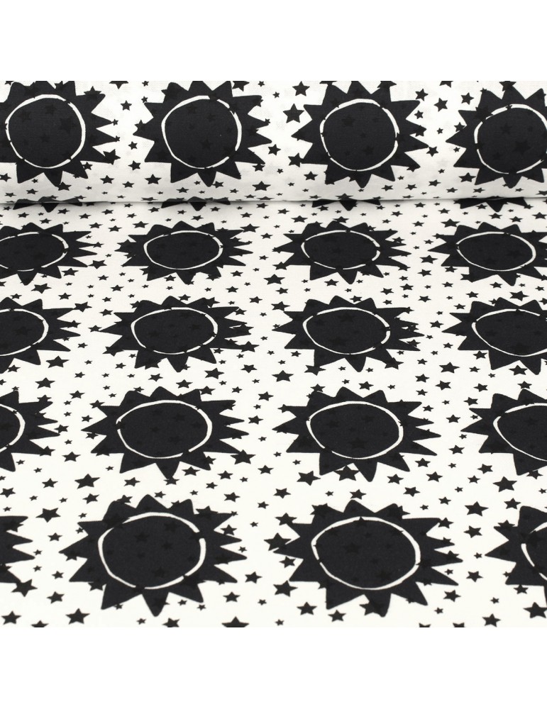 Tissu cretonne imprimé soleil étoiles 145 cm noir Tissu cretonne imprimé soleil étoiles 145 cm noir