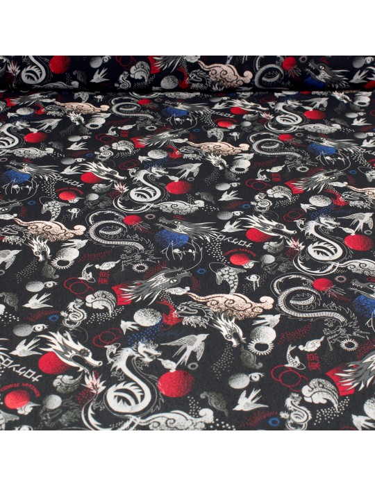 Tissu voile viscose imprimé dragon noir
