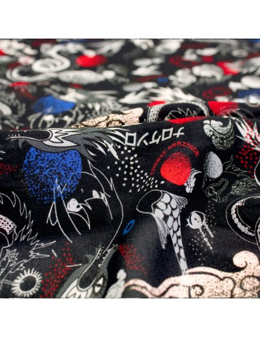 Tissu voile viscose imprimé dragon noir