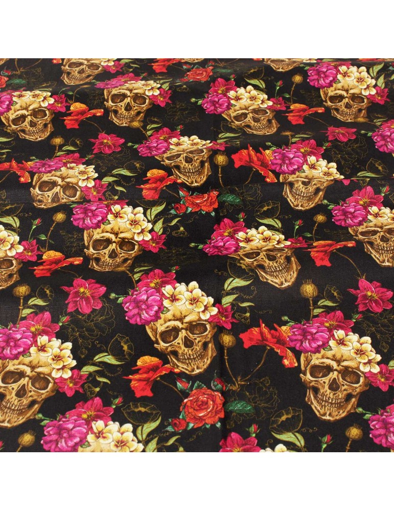 Coupon coton crâne fleuri noir 50 x 140 cm Coupon coton crâne fleuri noir 50 x 140 cm