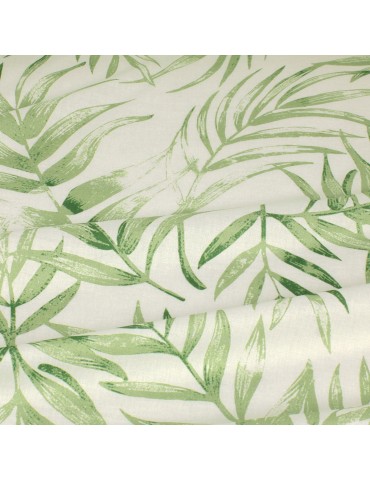 Tissu coton imprimé feuilles vertes blanc