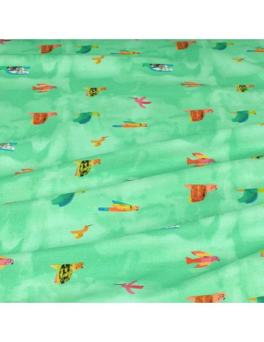 Tissu viscose imprimé oiseaux vert menthe