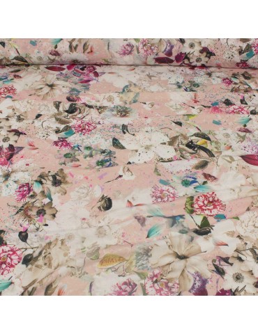 Tissu jersey imprimé floral rose/écru