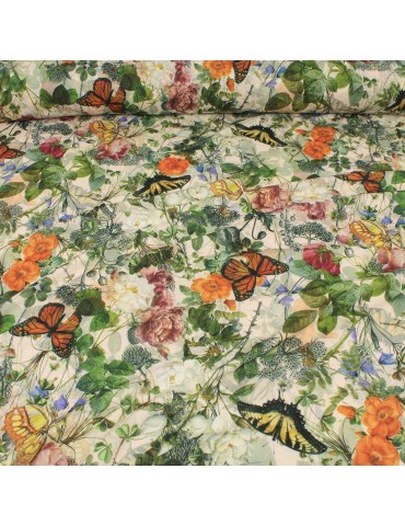 Tissu jersey imprimé papillon vert/orange