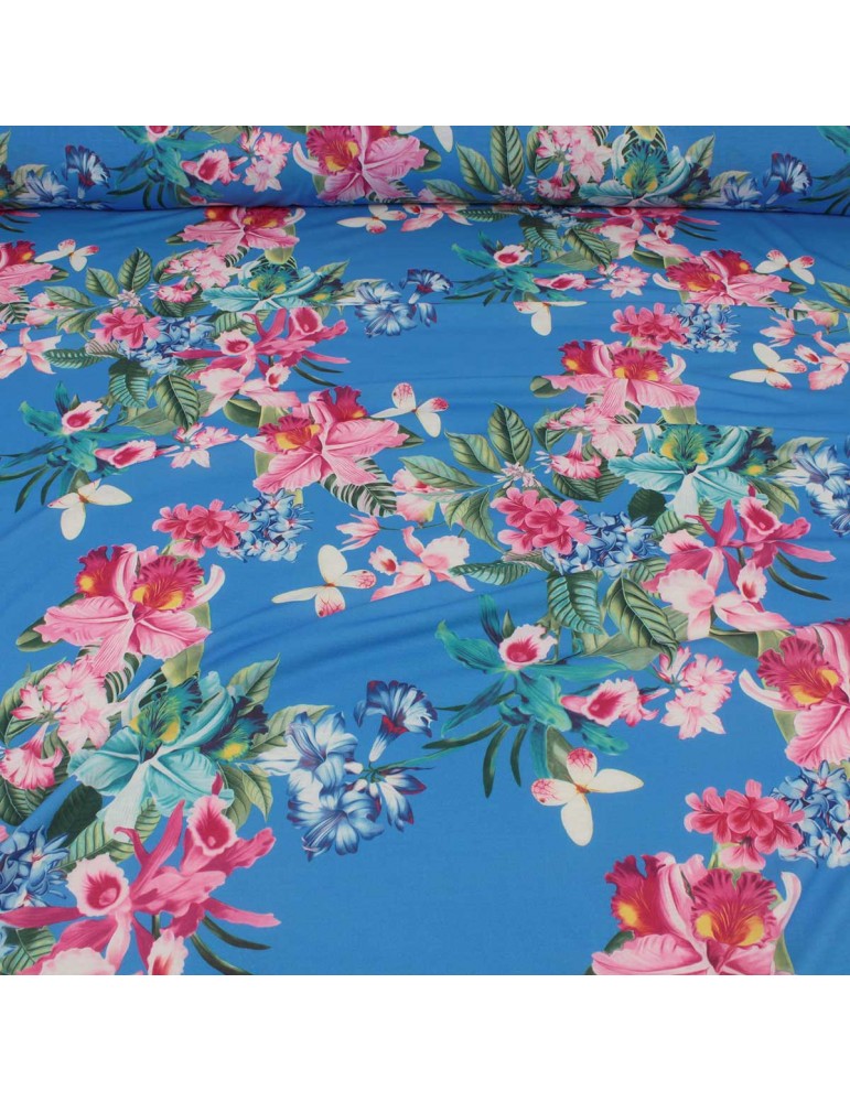 Tissu jersey imprimé papillon rose/turquoise Tissu jersey imprimé papillon rose/turquoise