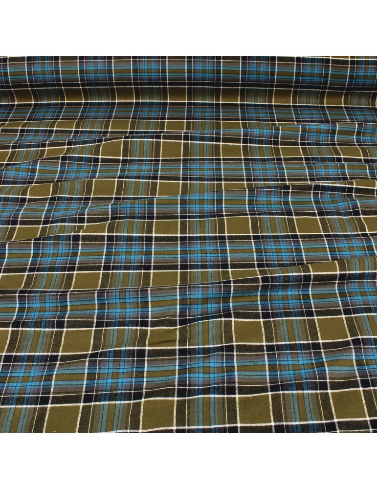 Tissu cretonne imprimé quadrillage kaki/bleu Tissu cretonne imprimé quadrillage kaki/bleu