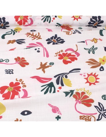Tissu cretonne floral love blanc