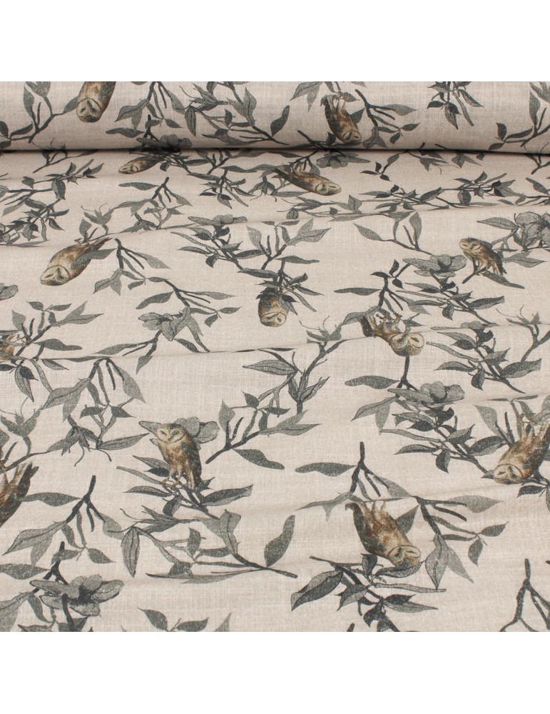 Tissu cretonne imprimé chouette gris