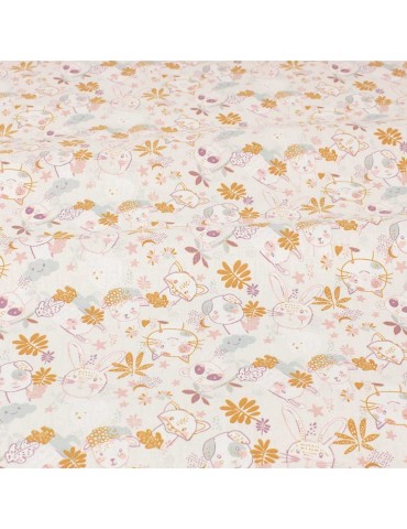 Tissu Cretonne animaux rose/blanc