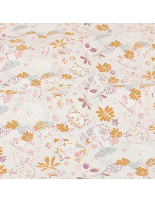 Tissu Cretonne animaux rose/blanc