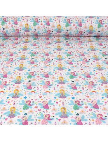 Coupon tissu cretonne fées 300 x 150 cm blanc
