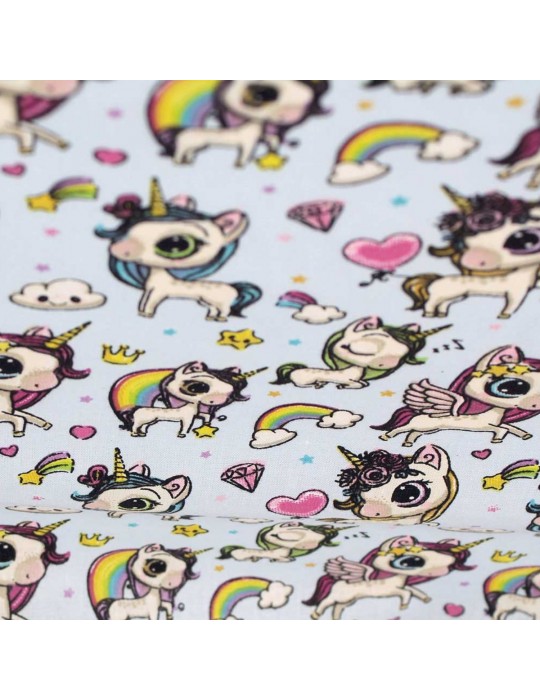 Coupon tissu cretonne licorne 300 x 150 cm bleu