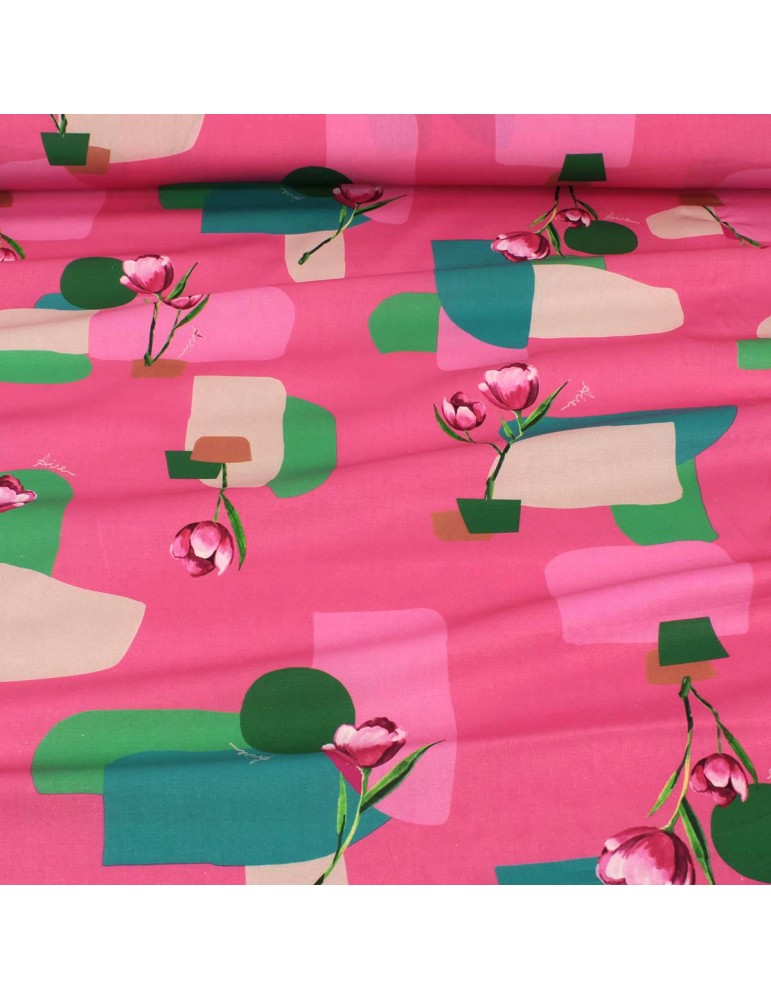 Tissu cretonne floral/géométrique rose Tissu cretonne floral/géométrique rose