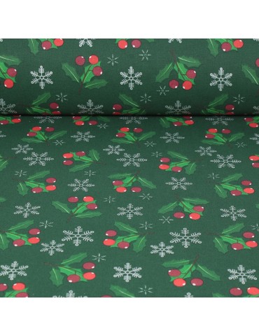 Tissu coton imprimé houx Noël vert/