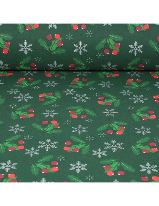 Tissu coton imprimé houx Noël vert/