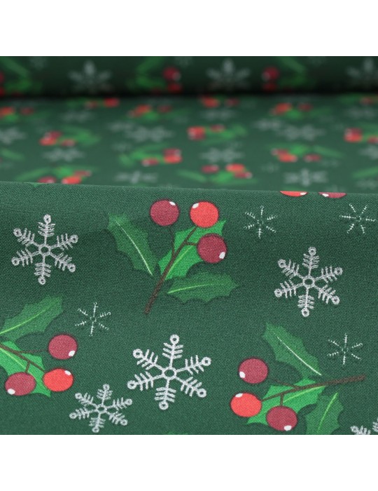 Tissu coton imprimé houx Noël vert/