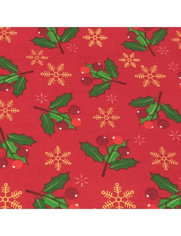 Coupon coton imprimé houx Noël rouge/or 50 x 50 cm