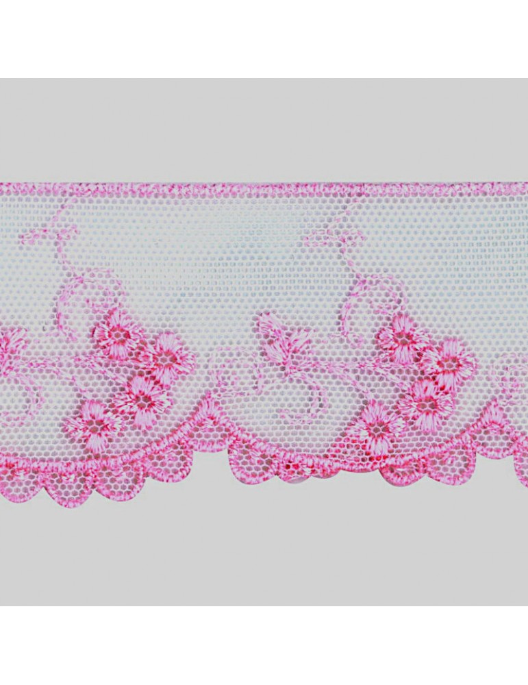 Dentelle brodée sur tulle 5 cm rose