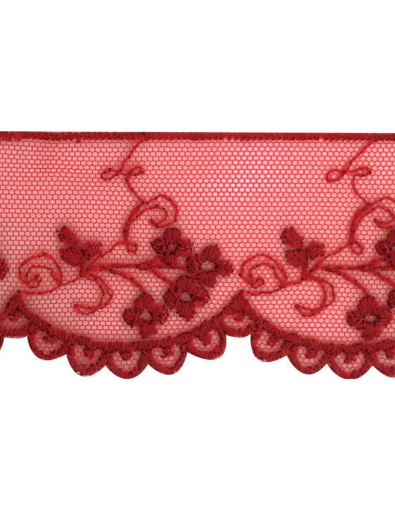 Dentelle brodée sur tulle 5 cm rouge