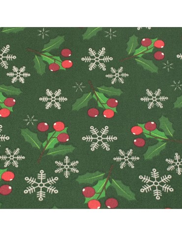 Coupon coton imprimé houx Noël vert/argent 50 x 50 cm