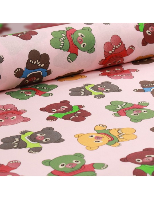 Tissu coton imprimé ourson rose