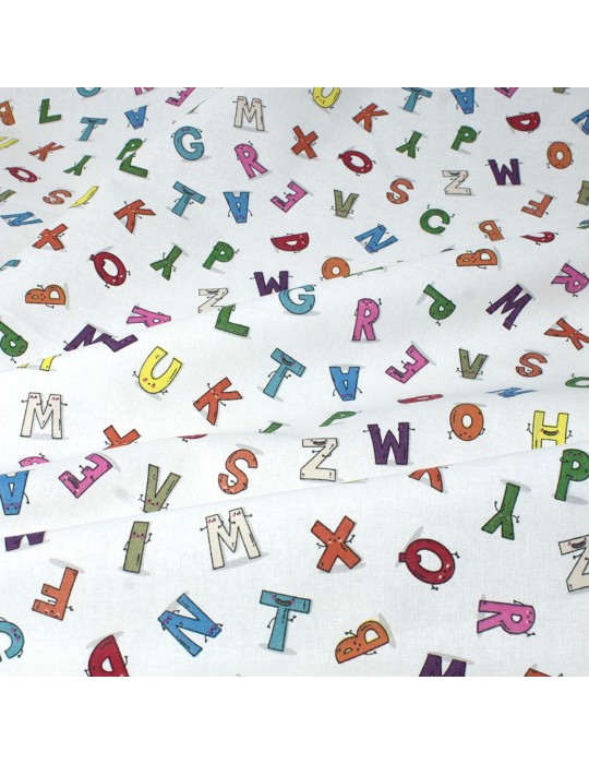 Coupon coton imprimé alphabet 50 x 50 cm blanc