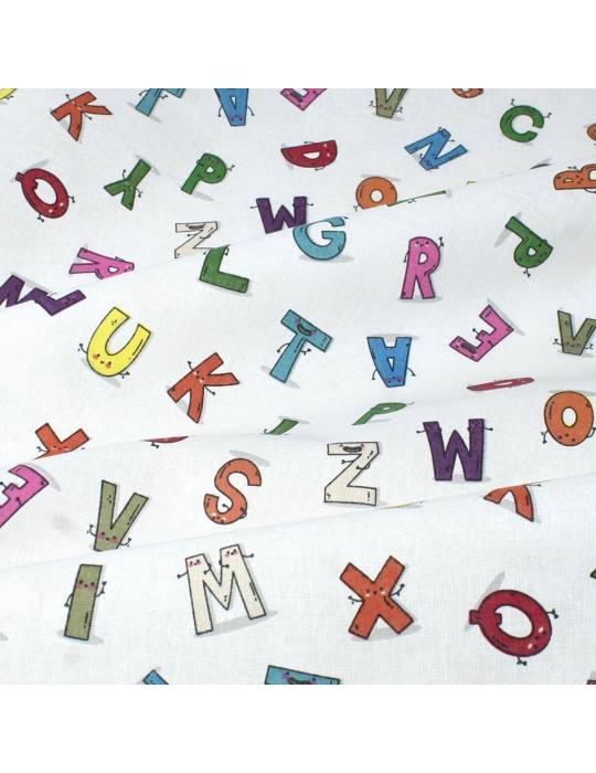 Coupon coton imprimé alphabet 50 x 50 cm blanc