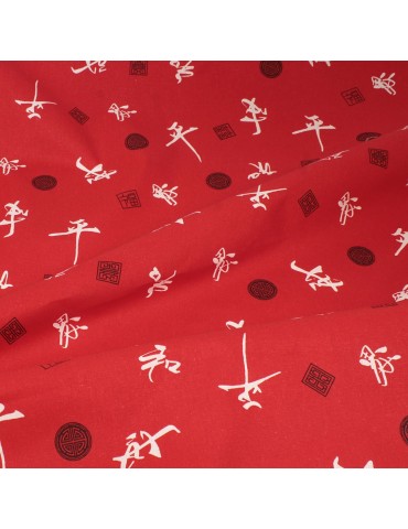 Coupon coton imprimé motifs chinois 50 x 50 cm rouge blanc
