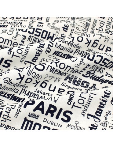Coupon coton patchwork villes du monde bleu 50 x 50 cm blanc