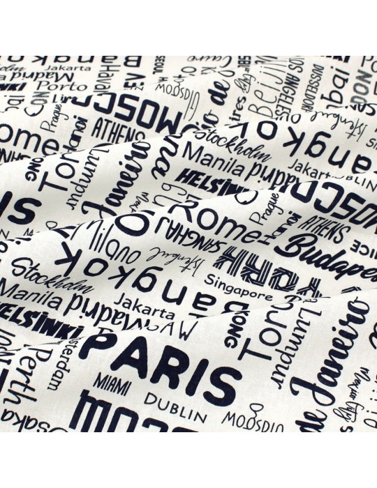 Coupon coton patchwork villes du monde bleu 50 x 50 cm blanc