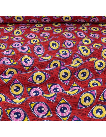 Coupon coton patchwork africain yeux 50 x 50 cm rouge