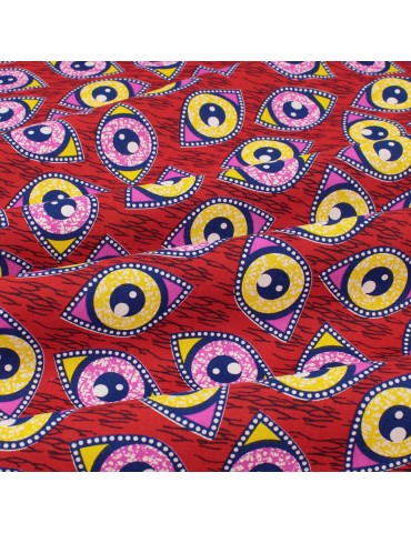 Coupon coton patchwork africain yeux 50 x 50 cm rouge