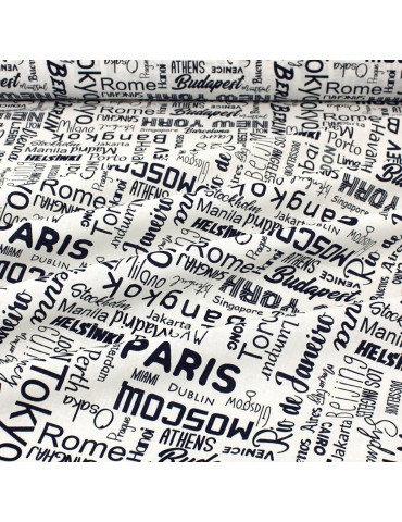Coupon coton imprimÃ© villes du monde bleu 50 x 150 cm blanc