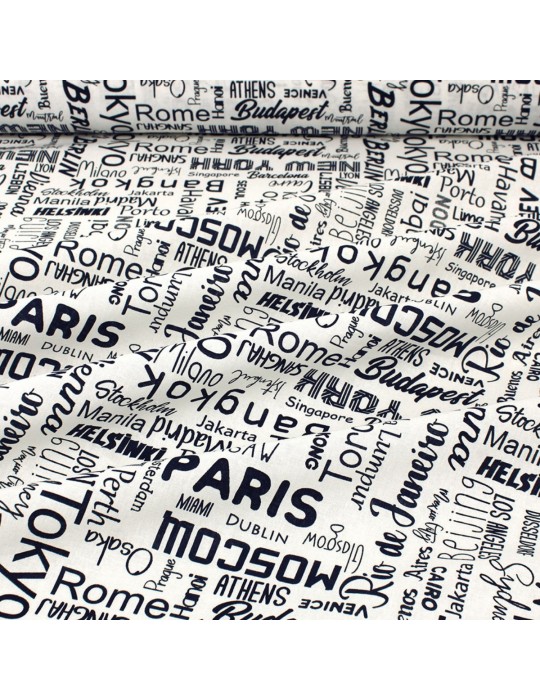 Coupon coton imprimÃ© villes du monde bleu 50 x 150 cm blanc