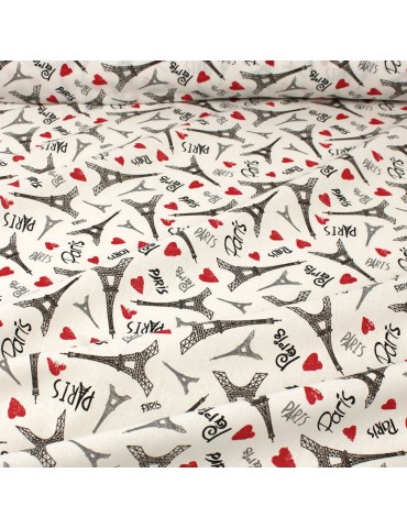 Coupon coton imprimÃ© Tour Eiffel cÅ“ur 50 x 150 cm blanc