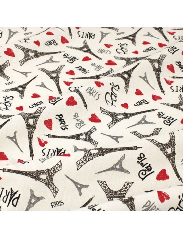 Coupon coton imprimé Tour Eiffel cœur 50 x 150 cm blanc