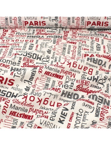 Coupon coton imprimÃ© villes du monde rouge 50 x 150 cm blanc