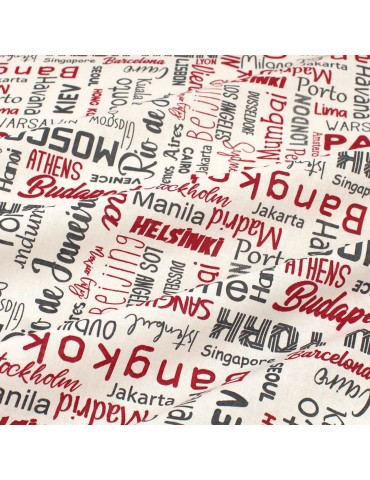 Coupon coton imprimé villes du monde rouge 50 x 150 cm blanc