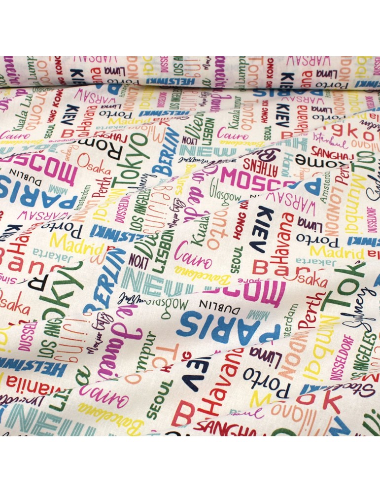 Coupon coton imprimé villes du monde multicolore 300 x 150 cm blanc Coupon coton imprimé villes du monde multicolore 300 x 150 cm blanc