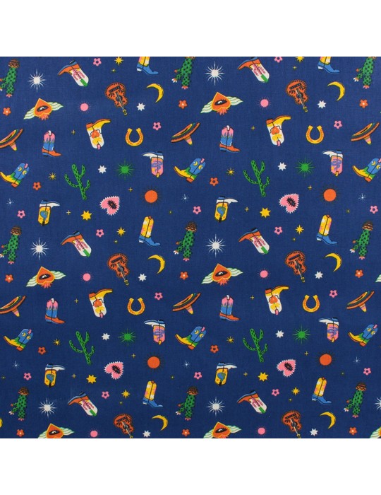 Tissu percale de coton santiags bleu