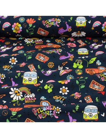 Tissu jersey imprimé flower power marine