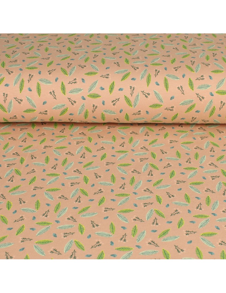 Tissu jersey coton imprimé feuilles vertes rose Tissu jersey coton imprimé feuilles vertes rose