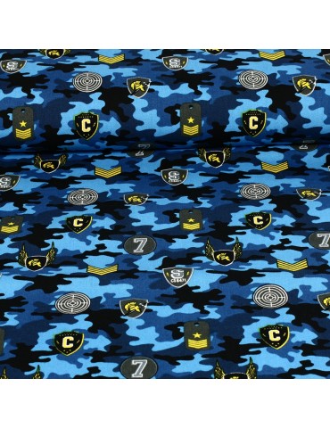 Tissu popeline coton imprimé camouflage bleu